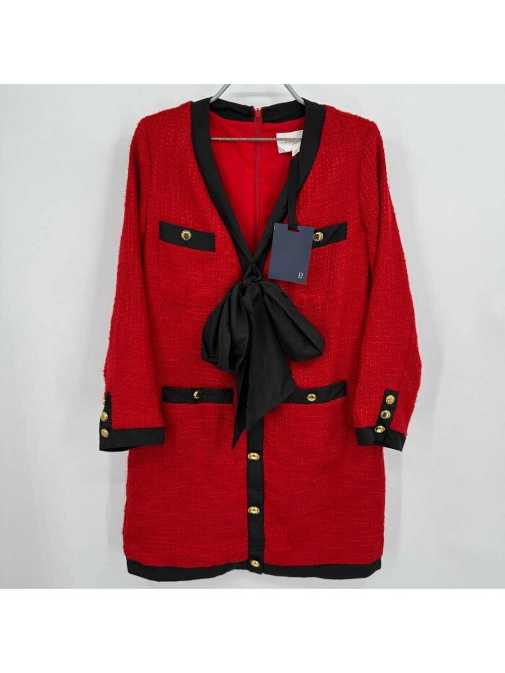 Pomander Place by Tuckernuck Red Coco Tweed Bow Dress S Long Sleeve NWT